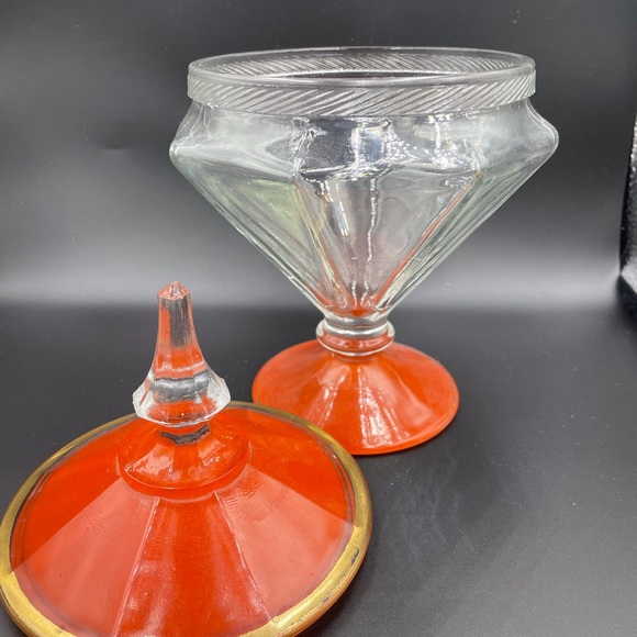 Mid Century Clear Glass Candy Dish w/Orange glass lid - Picture 3 of 11